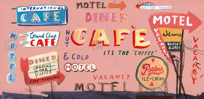 Collage of retro road-trip signs for cafes and motels
