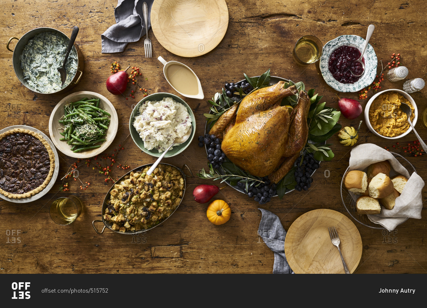 Overhead view of Thanksgiving dinner served on a table