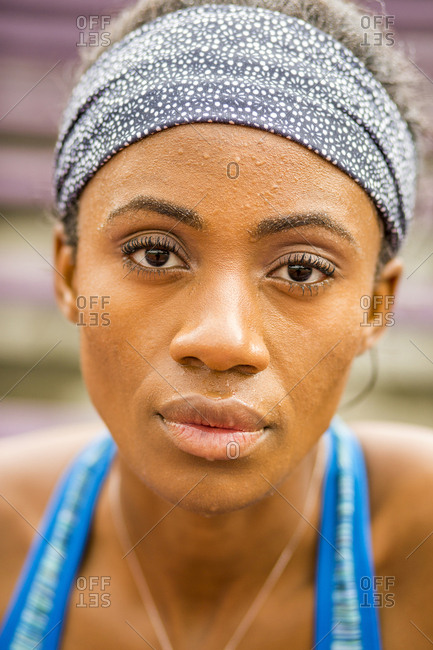 Close up of sweaty woman's cleavage stock photo - OFFSET