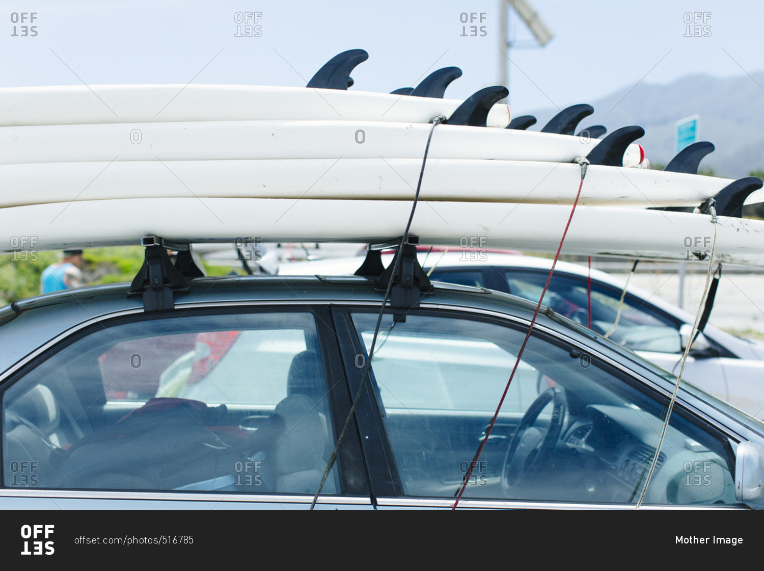Still life of surf boards on top of car in San Francisco, California