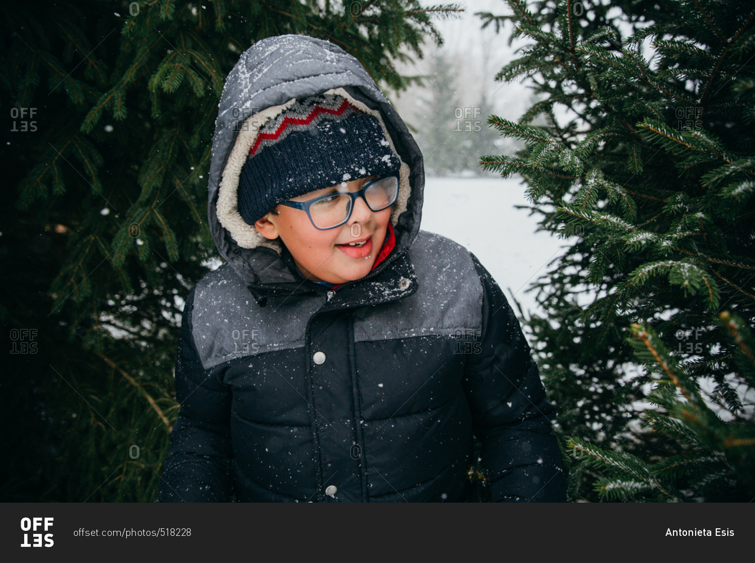 Young boy with glasses amidst pine trees in snowy weather