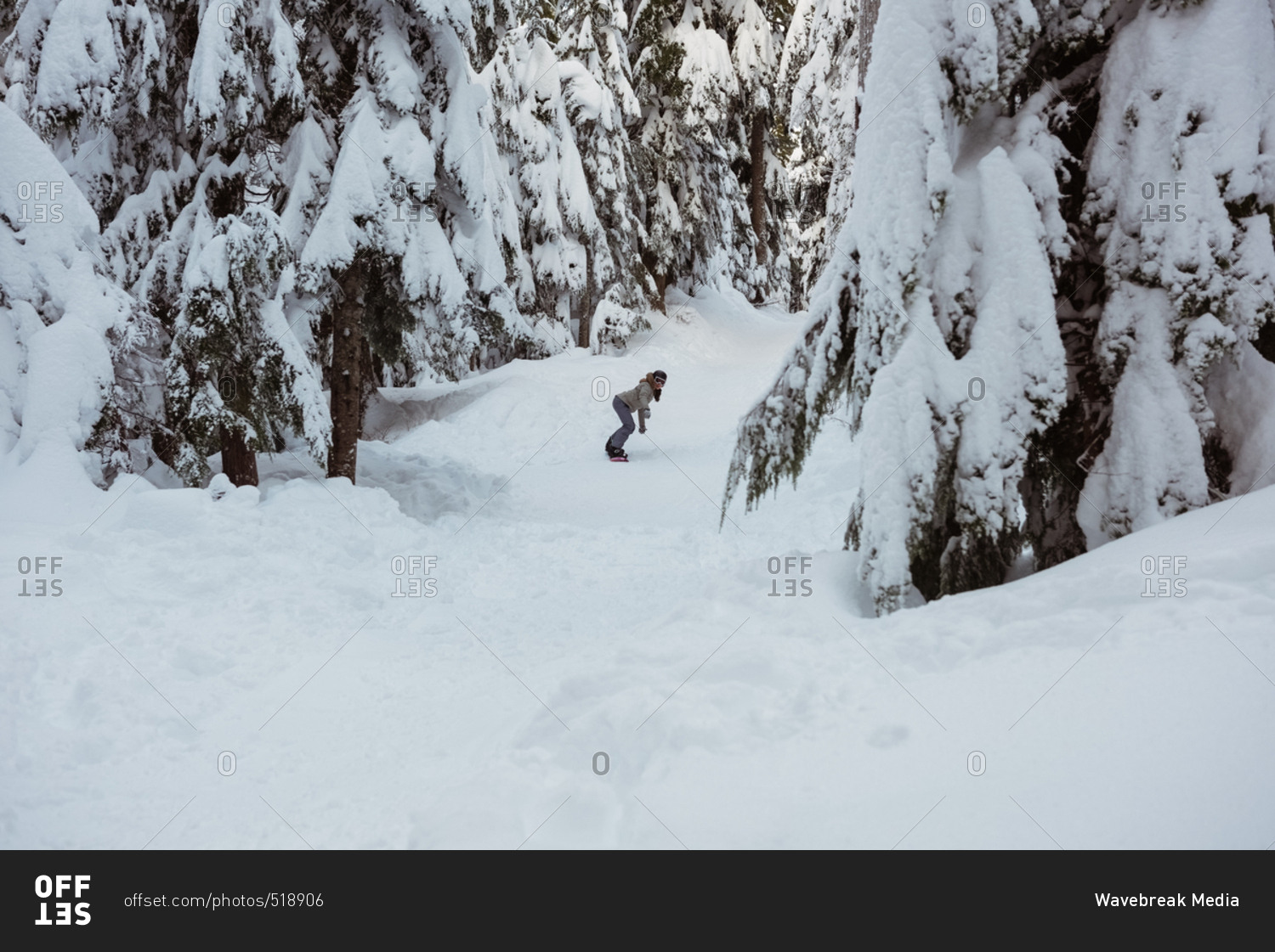 Woman snowboarding through snow covered pine trees