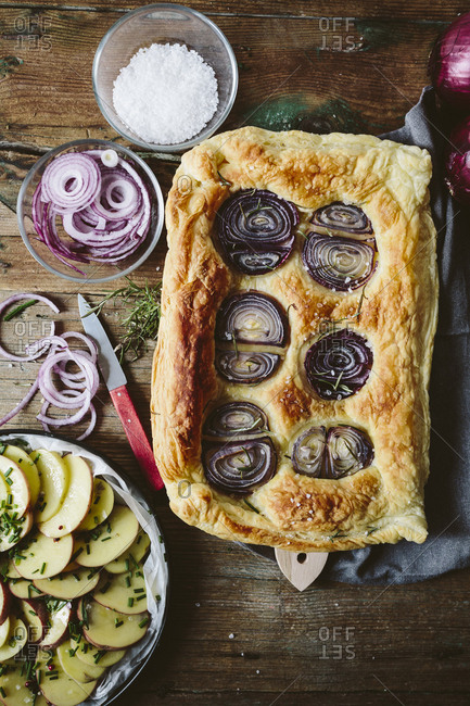 Baked Focaccia with red onions and rosemary