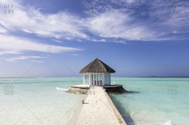 Maldives-South Male Atoll- Beach pavilion at the end of a jetty