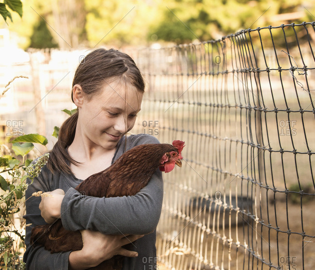 Girl holding chicken on farm