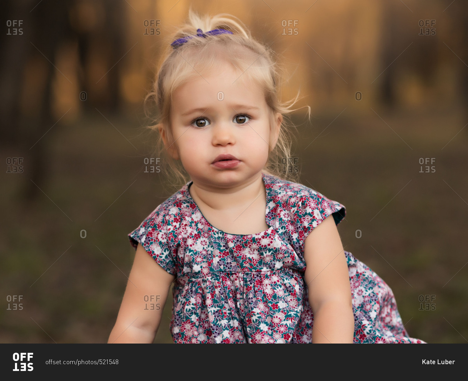 Portrait Of Little Girl With Blond Hair And Brown Eyes Seated