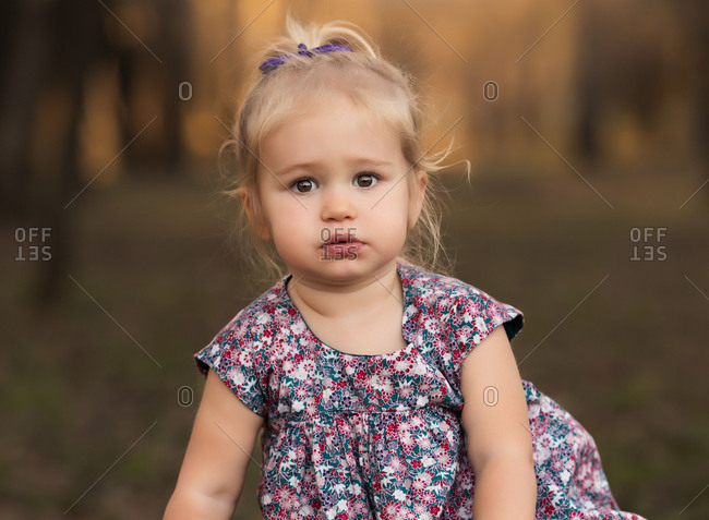 Portrait Of Little Girl With Blond Hair And Brown Eyes Seated