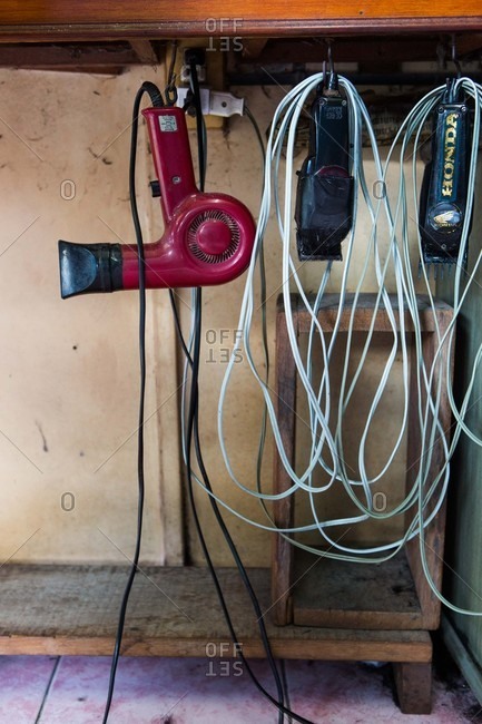 Bangkok, Thailand - July 24, 2016: Trimmers and blow dryers in barber shop
