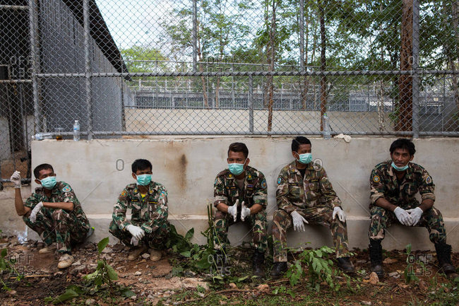 Kanchanaburi, Thailand - June 2, 2016: Wildlife officers waiting to move tiger