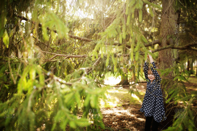 Young girl playing under tree