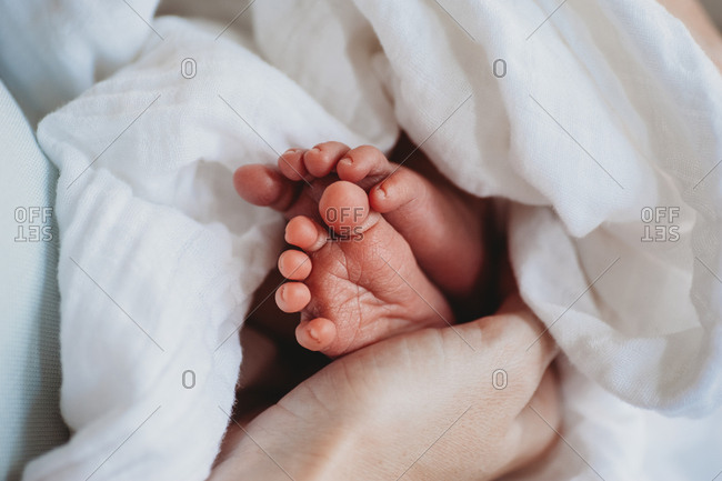Parent holding the tiny feet of a newborn