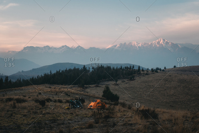 Wild camp on dusk light in the Andes