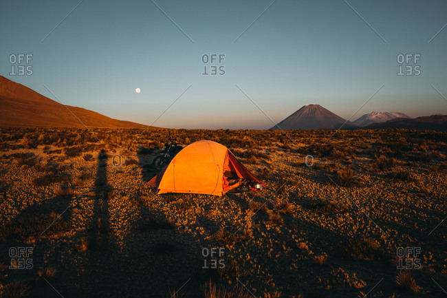 Wild camp on sunrise light in the Andes