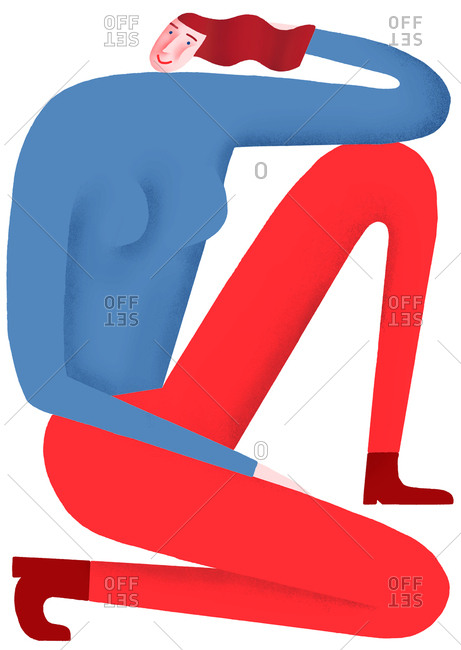 Illustration of redhead woman wearing a blue shirt and red pants