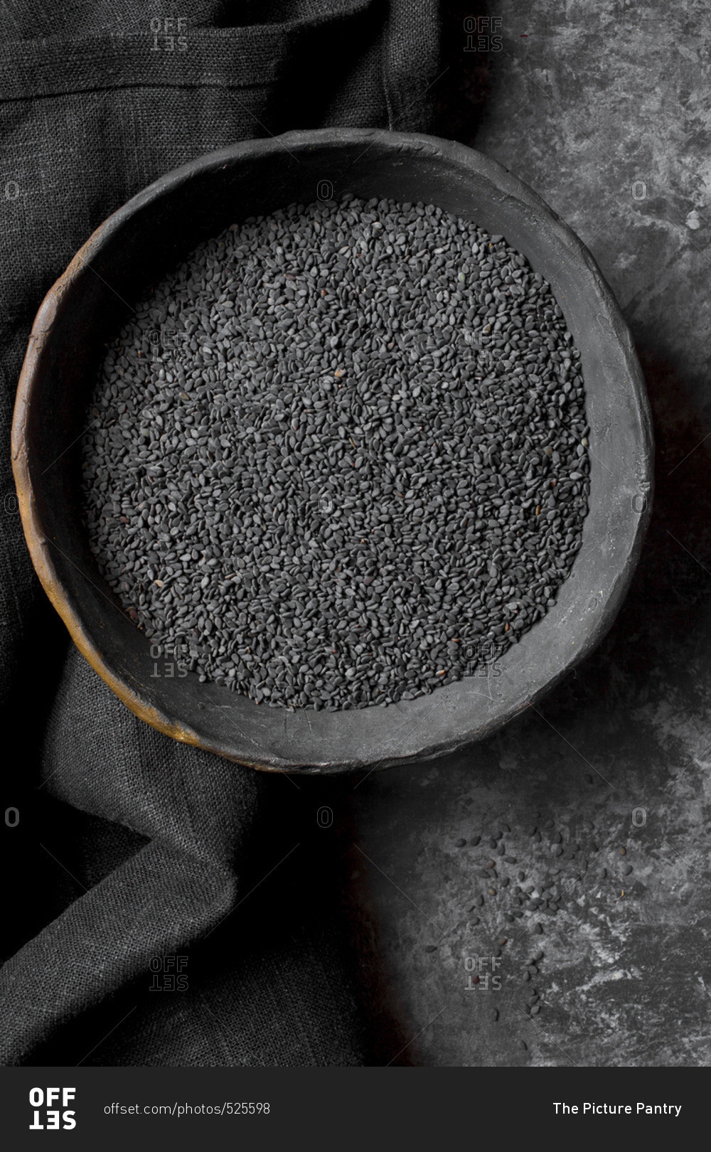 Overhead view of black sesame seeds in a bowl