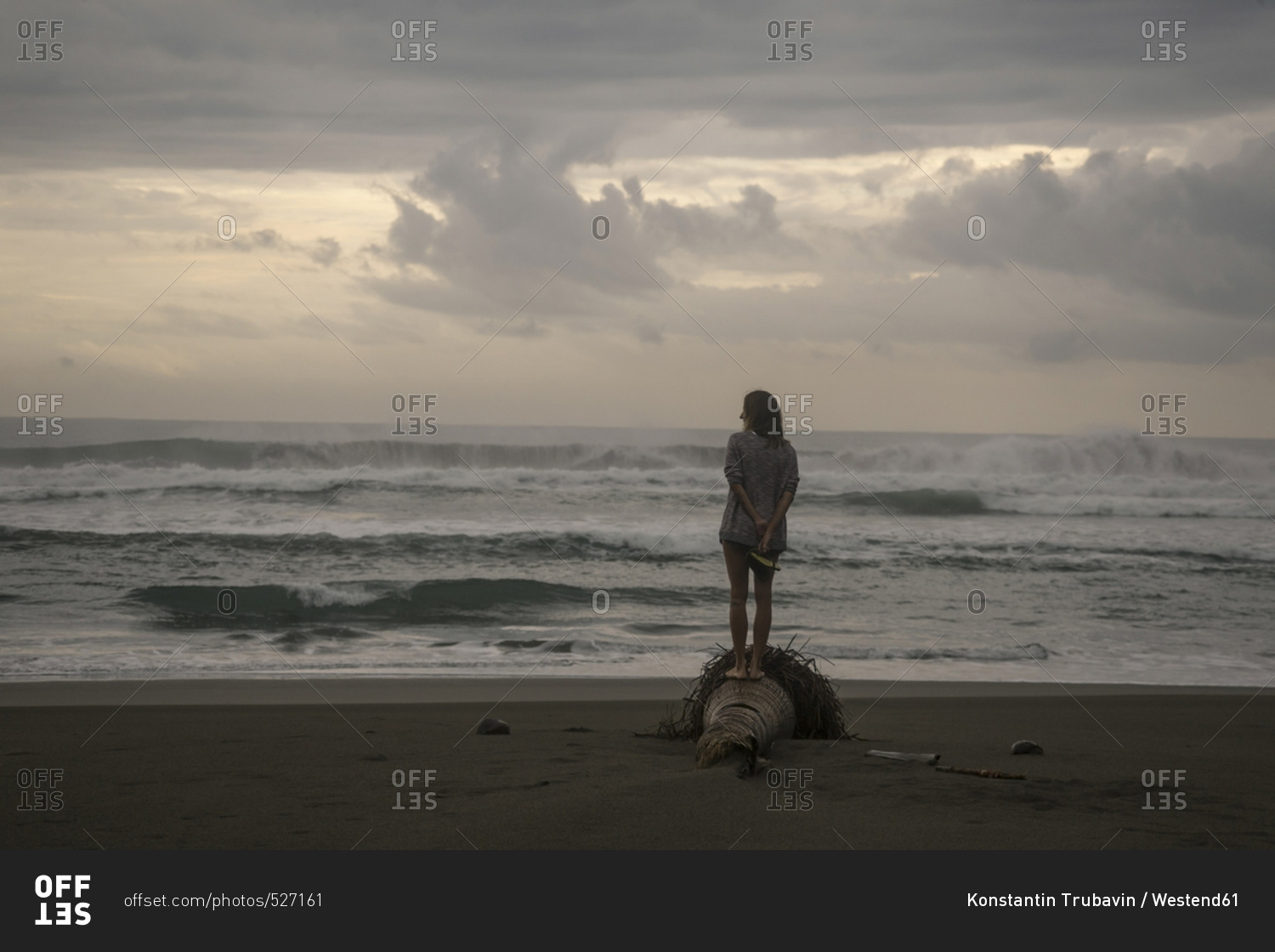 Indonesia- Java- back view of woman standing on the beach at evening twilight
