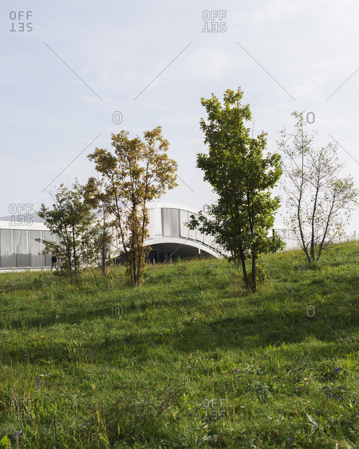 A modern building seen from field