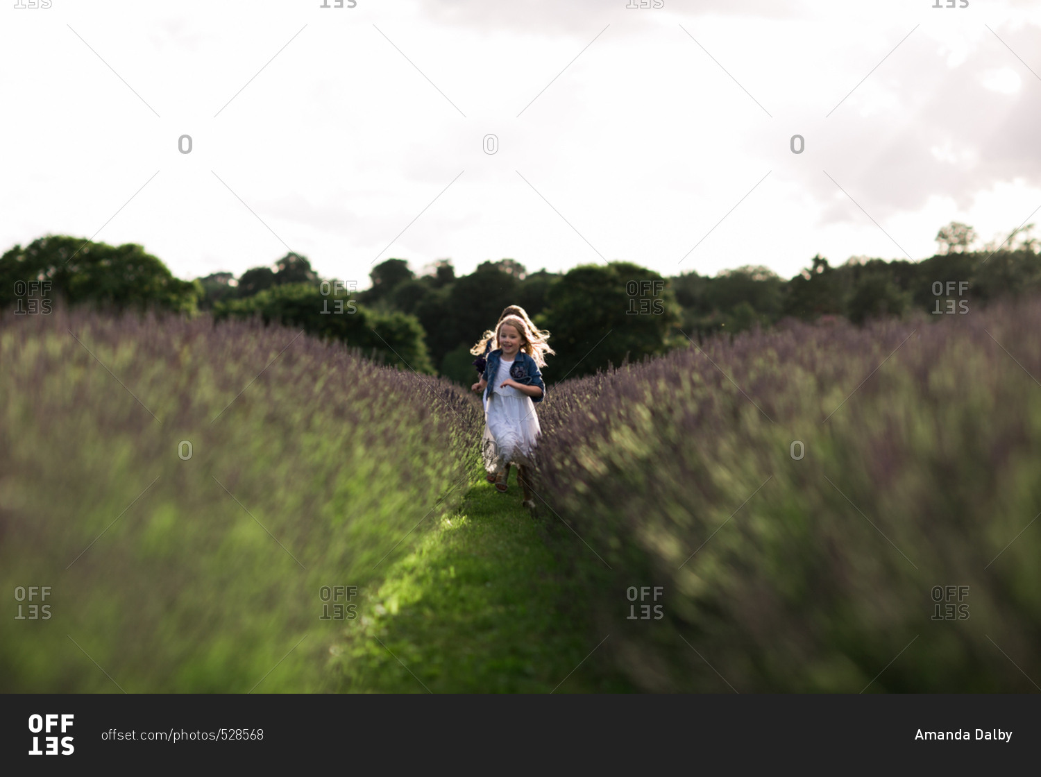 Two girls running through a field of lavender flowers