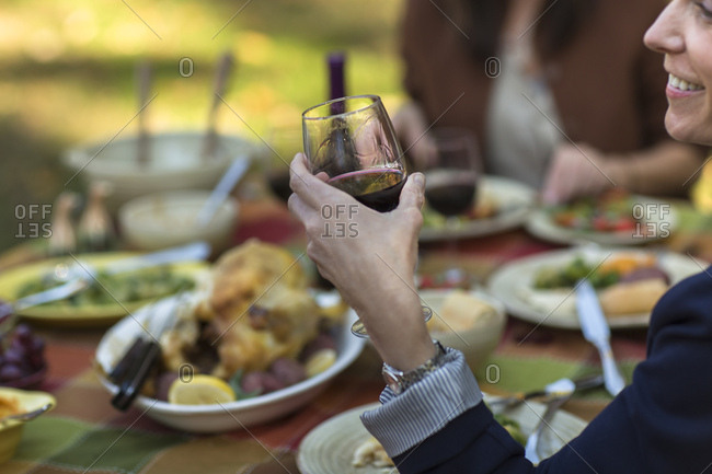 Cropped shot of mature women eating and drinking at garden dinner party