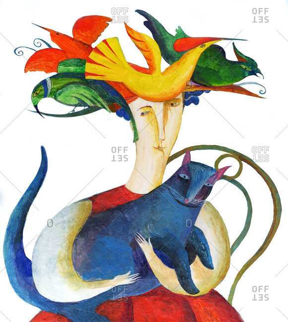Woman with birds on her head holds pet cat