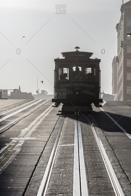 Tramway on city street at San Francisco during sunny day
