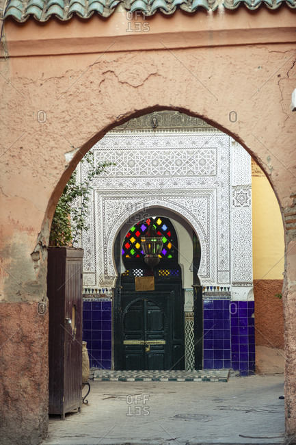 Entrance to a mosque in the Medina (old Town). Marrakesh, Morocco.