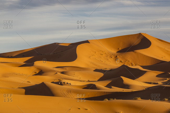 People riding camels crossing the Erg Chebbi sand dunes, Sahara Desert, Merzouga, Morocco.