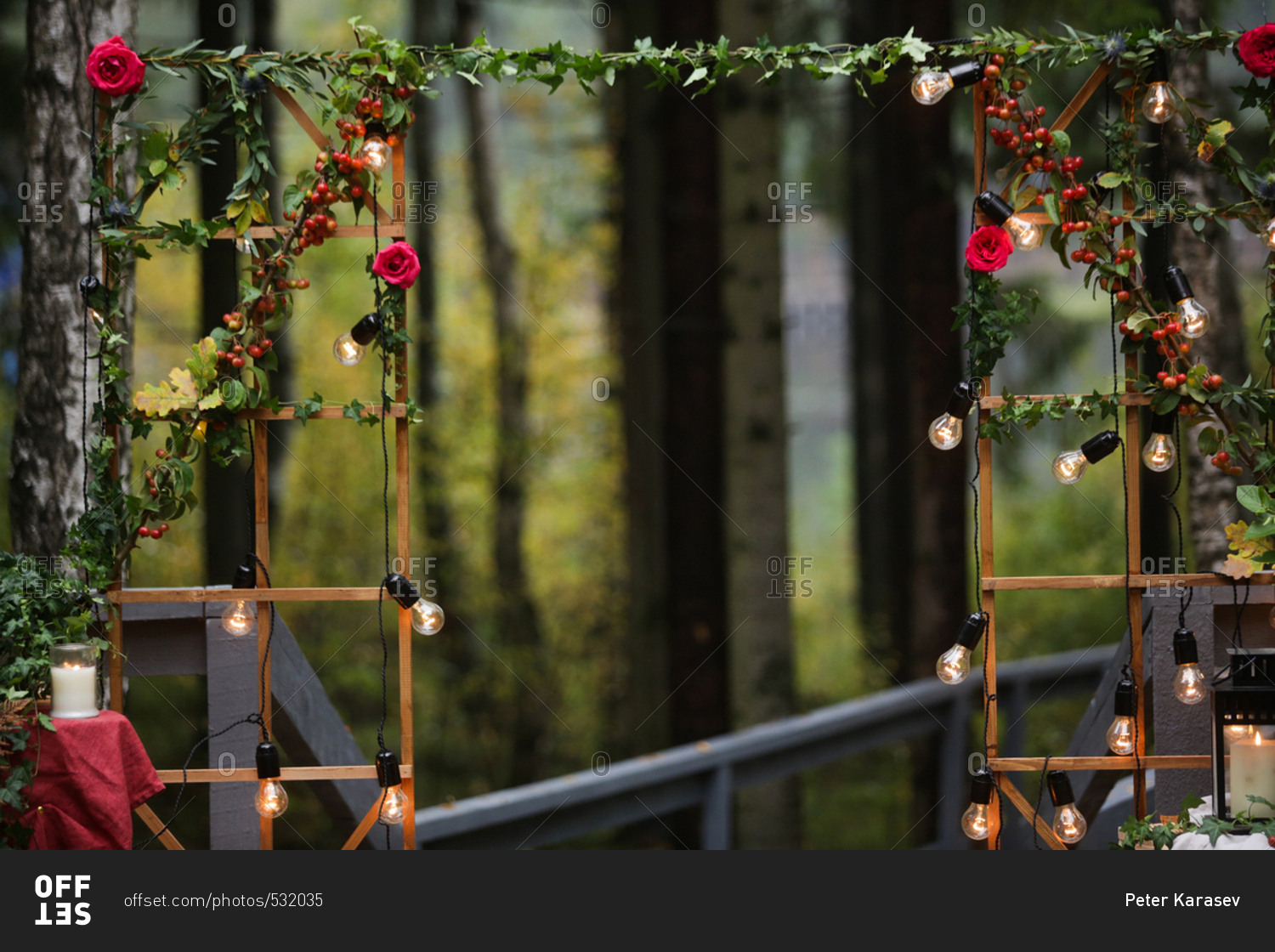 Wedding arbor with lights and flowers on a trellis