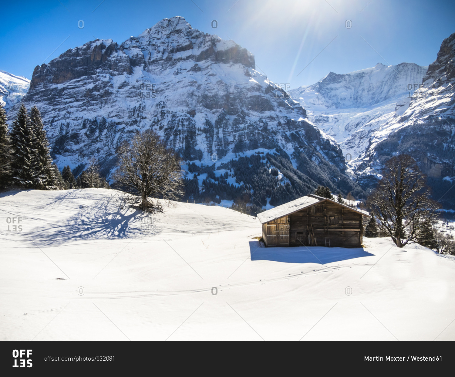 Switzerland- Canton of Bern- Grindelwald- winter landscape with ski hut and Mittelhorn