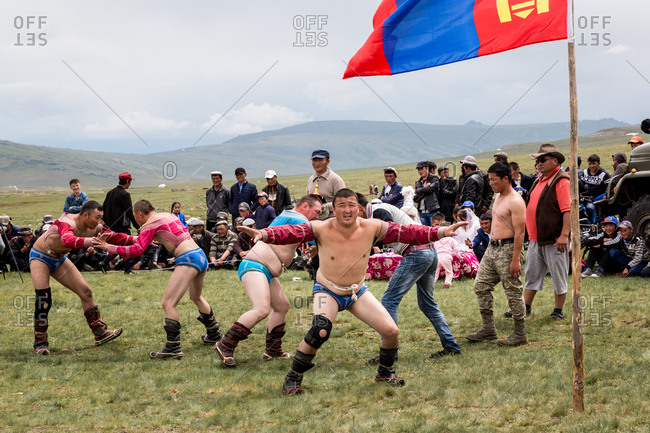 Altai Mountains, Mongolia - July 11, 2016: Kazakh wrestlers in Altai Mountains, Mongolia