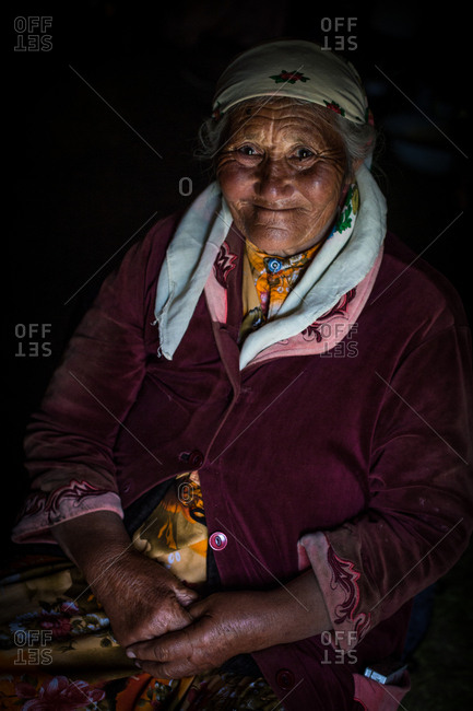 Altai Mountains, Mongolia - July 15, 2016: Old Kazakh woman smiling