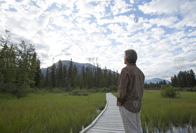 Man stands on boardwalk, mountains distant