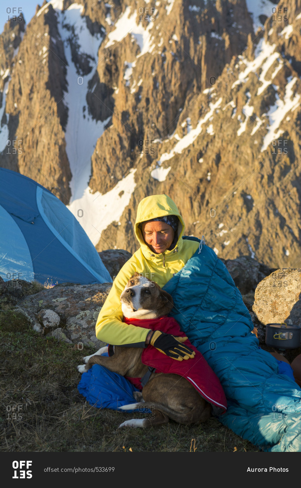 A Woman And Her Dog Camping On Blaine Peak Below Mount Sneffels