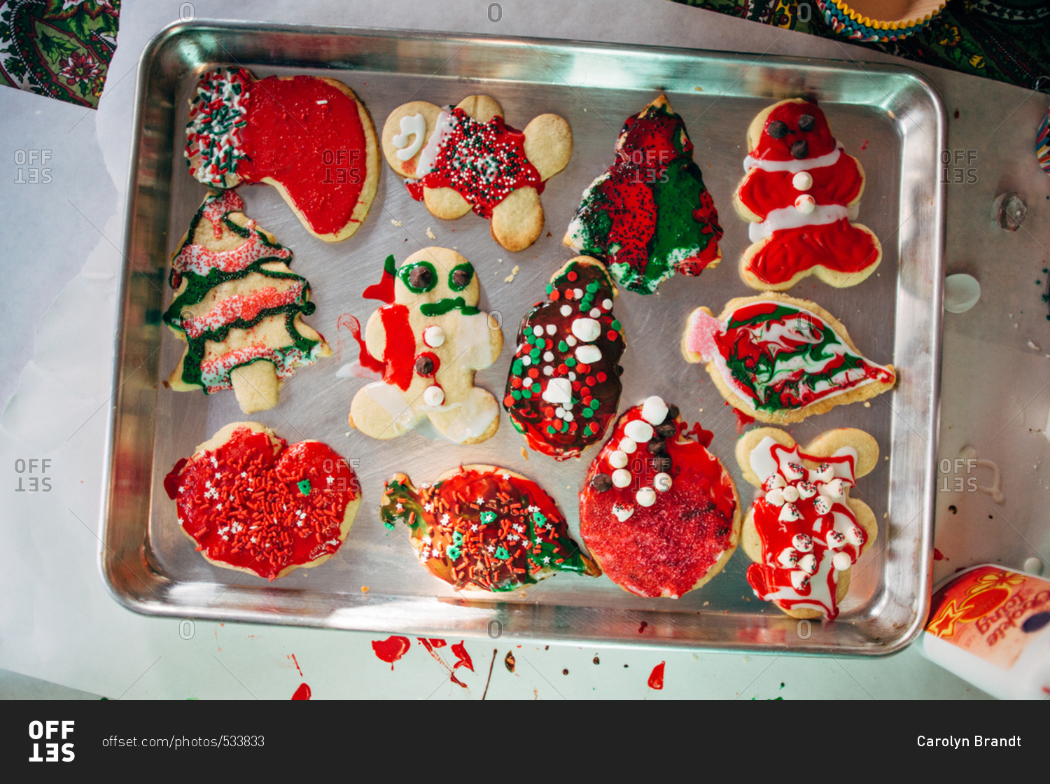 Assortment of home baked holiday cookies decorated by a child