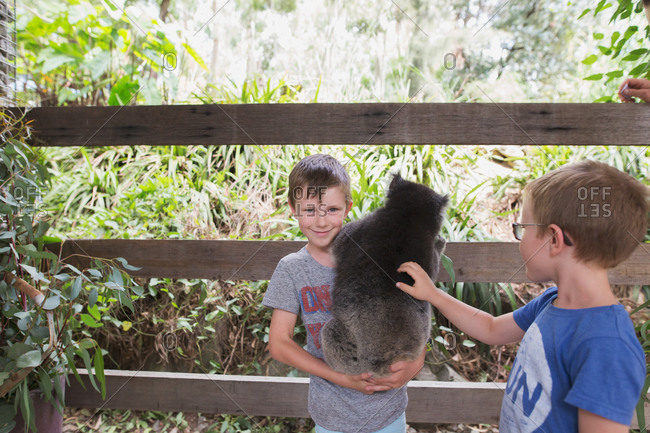 Boy holding furry animal outside