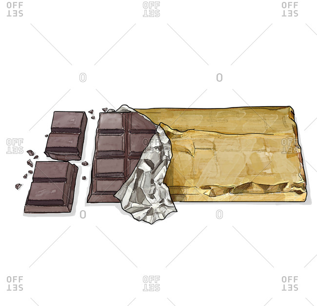 Squares of chocolate in gold wrapper stock photo - OFFSET