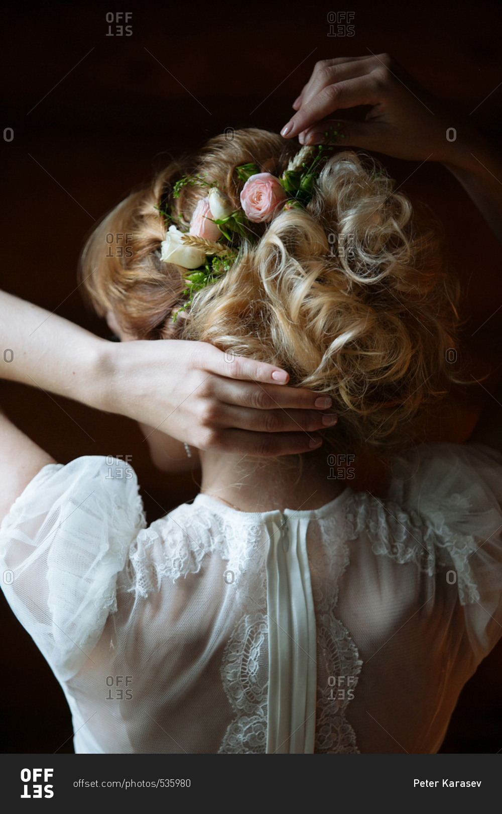 Blonde bride with flowers in hair