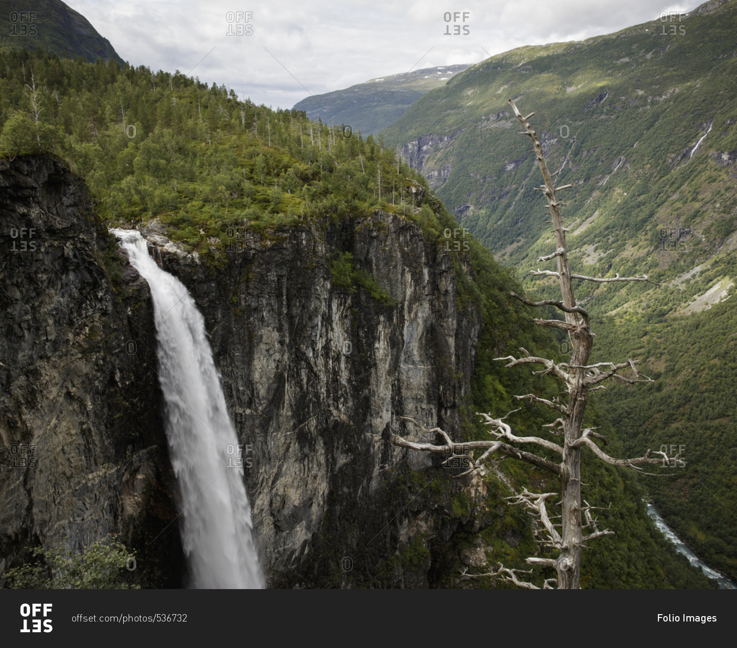 Norway, Jotunheimen mountain range and Utladalen valley with Vettisfossen waterfall