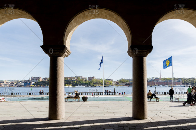 Sweden, Stockholm - September 22, 2016: City panorama seen from under Stockholm City Hall arcades