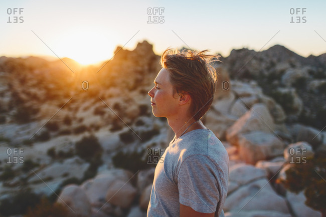 USA, California, Joshua Tree National Park, Young man contemplating at sunset