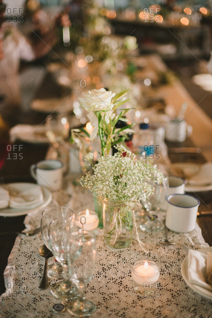 Set Wedding Table With Roses And Baby S Breath Centerpieces Stock Photo Offset