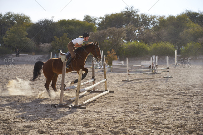 Teenage girl riding horse over jumps on course