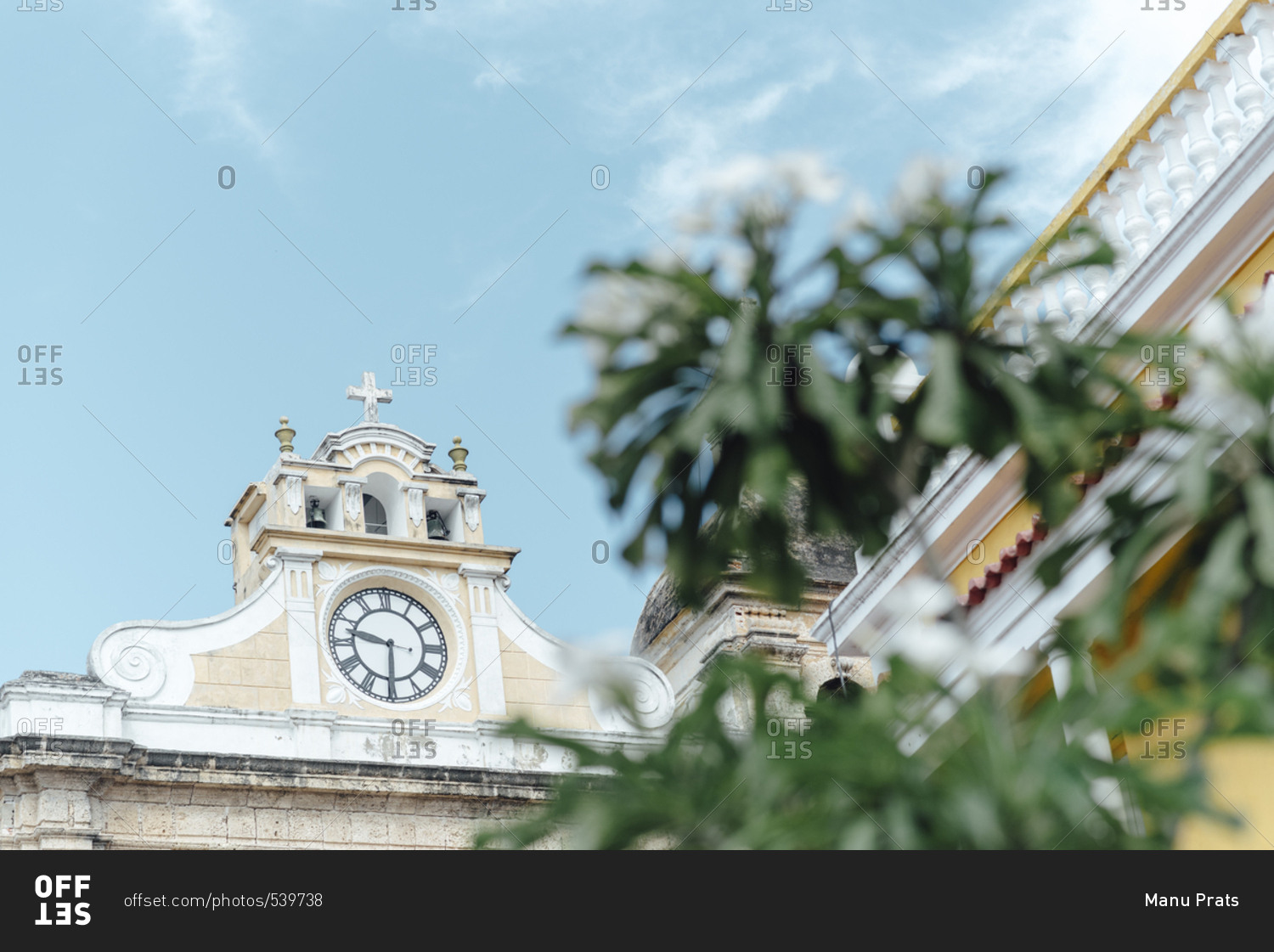 Cathedral clock view in the walled city of Cartagena de Indias, Colombia
