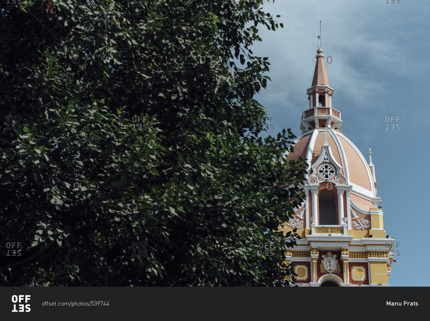 View of a colonial church behind a tropical tree in the walled city of Cartagena de Indias, Colombia