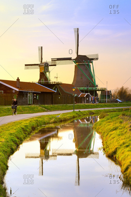 North Holland, Netherlands - August 12, 2016: Windmills in Zaanse Schans, A collection of well-preserved historic windmills and typical dutch houses