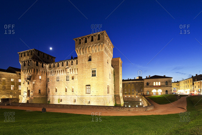 Mantua, Italy - December 15, 2016: San Giorgio Castle illuminated at dusk