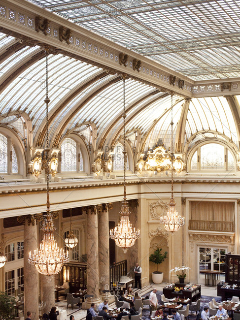 October 5, 2015 - San Francisco, California: View of the ornate glass ceiling in the conservatory at the Palace Hotel