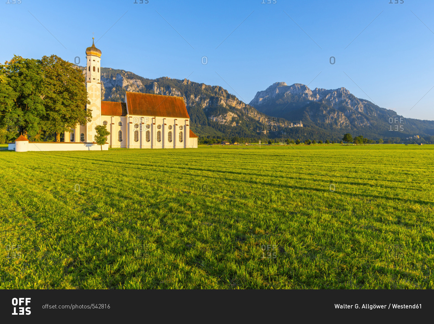 Germany- Schwangau- pilgrimage church St. Coloman- Neuschwanstein Castle and mountain Saeuling in background