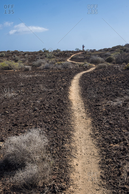 Trail leading through a plain to a distant lighthouse
