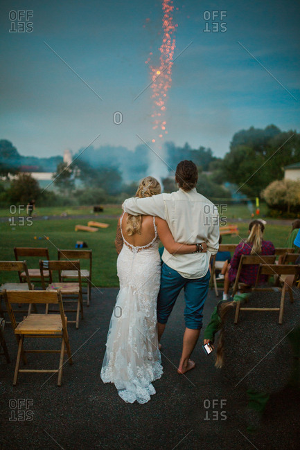 Backyard Wedding Reception With Fireworks Stock Photo Offset